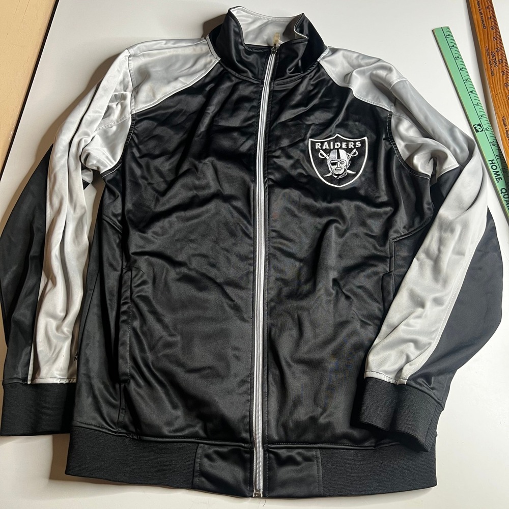 Majestic NFL Oakland Raiders Track Jacket Black Silver Full Zip Mens LT RN135969
